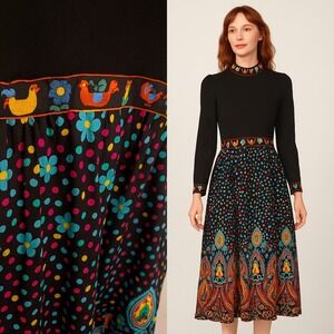 Melissa Lane Black Floral Rooster Folk Art Midi Dress Size 8 Chic 90s Boho Party